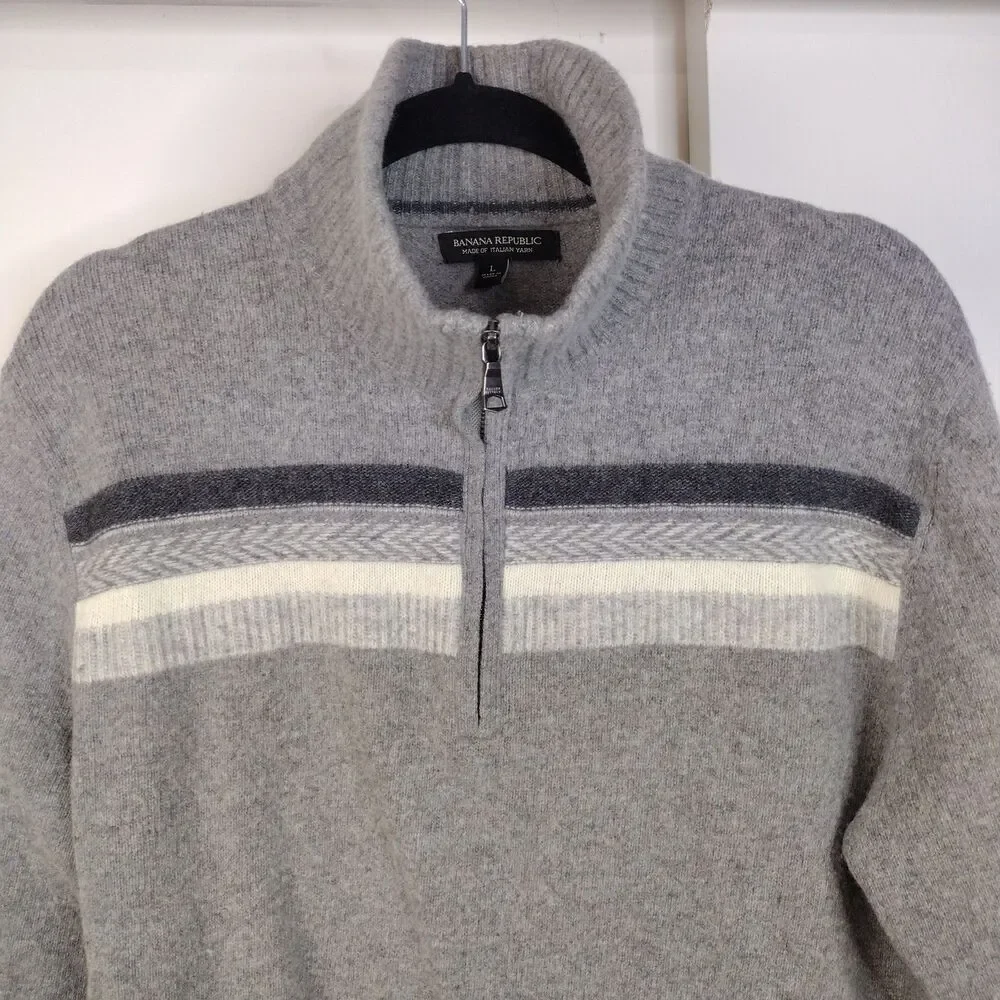 Banana Republic Italian Yard Wool Blend 1/4 Zip Sweater Mens Size L Grey Striped
